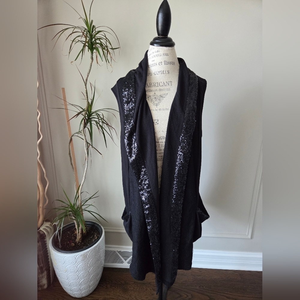 Juicy Couture Black Sequin Open Front Vest